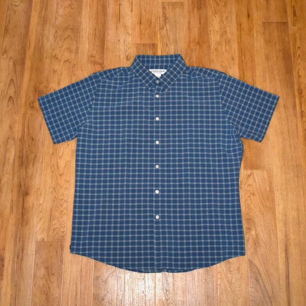 Mizzen+Main Performance Classic‎ Fit Button Down Shirt L Blue Grid Short Sleeve
